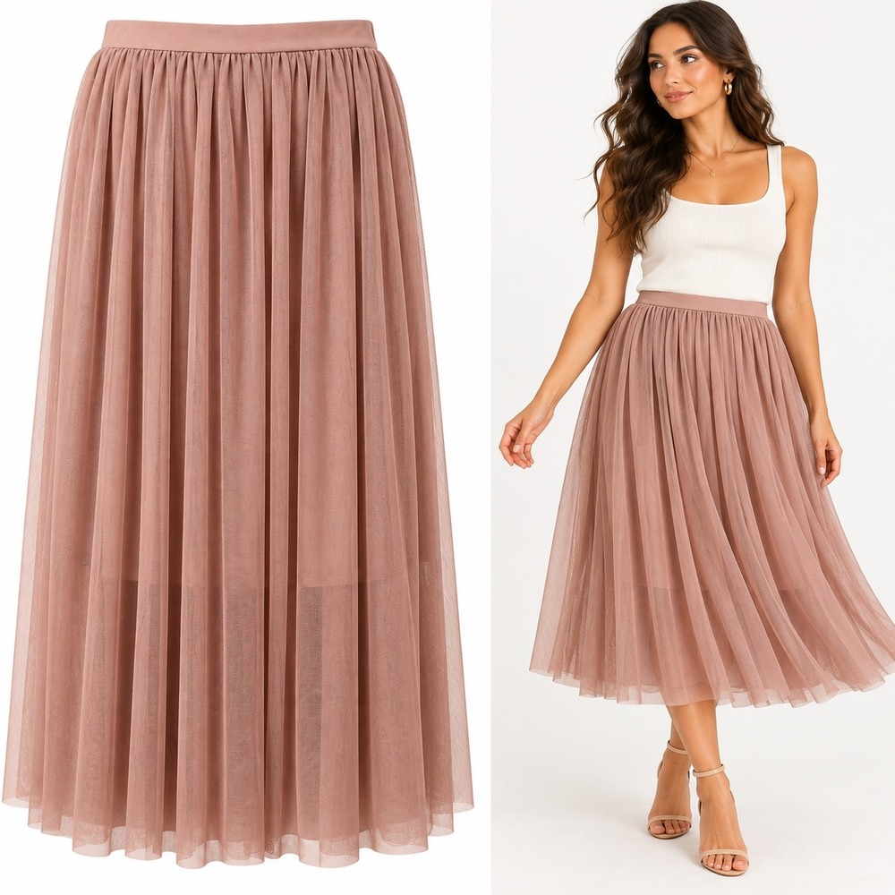 Taylor & Sage Tulle Midi Skirt Dusty Rose Pink Mesh Pleated Romantic Ballet XL
